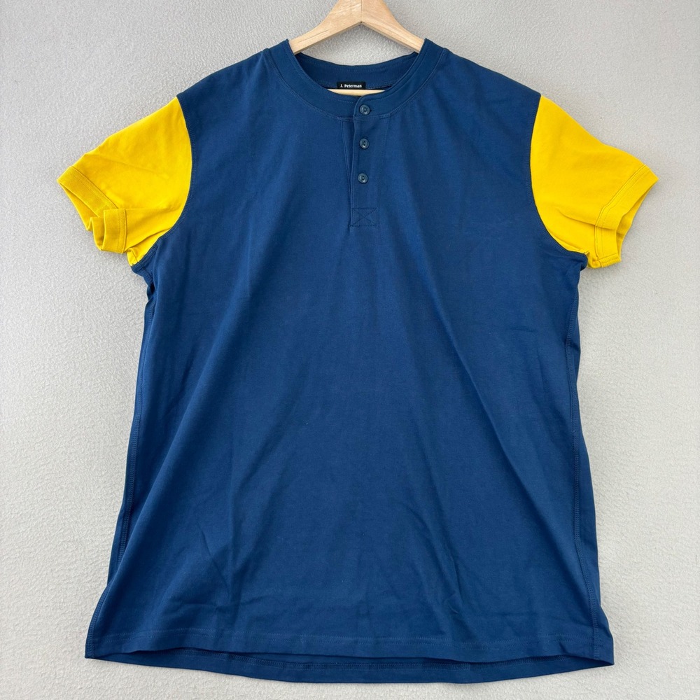 J. Peterman Baseball Tee Henley Shirt Men XL Blue Yellow Short Sleeve Cotton